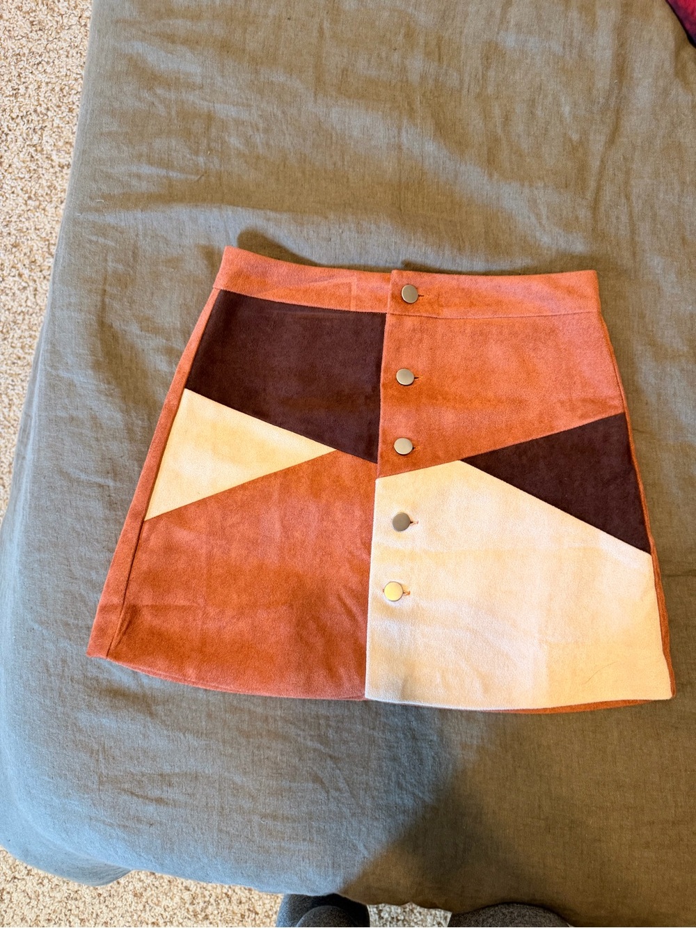 RAGA Colorblock Suede Mini Skirt - Rust, Brown & Cream